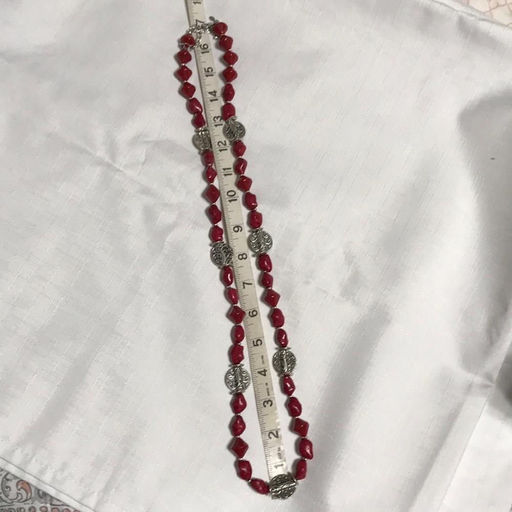 Premier Designs Red Beaded Necklace with Silver Accent Discs